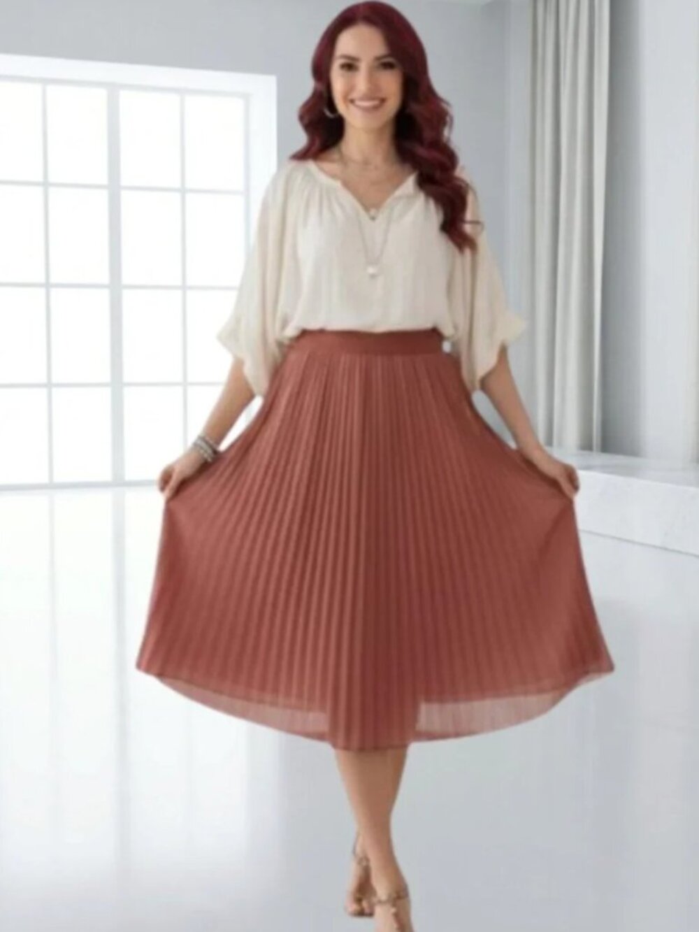 Andi & James Woman’s Micro Pleated Lined MIDI Skirt Coral Size XL Elastic Waist